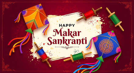 Vibrant Makar Sankranti celebration with colorful kites and threads