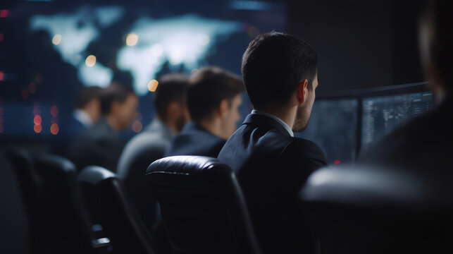 A group of professionals in suits work intently at computer screens in a dimly lit control or operations room with a world map display in the background - Powered by Adobe