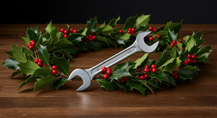 Christmas wreath with wrenches on wooden table