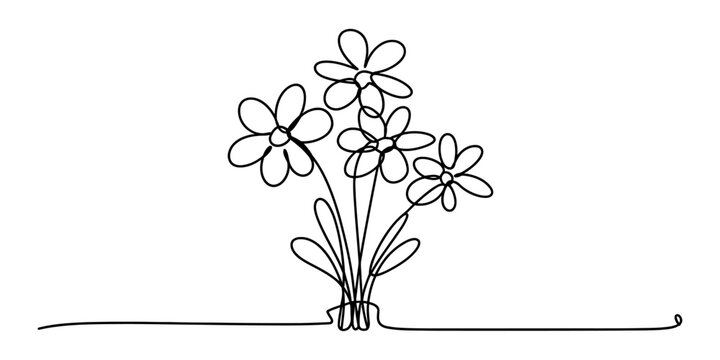 A delicate single line drawing of a small bouquet of daisy-like flowers Vector, illustration