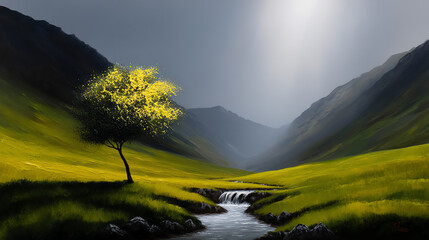 A serene valley with lush green grass, a single tree with bright yellow leaves, a gentle stream flowing through, and misty mountains in the background under soft lighting