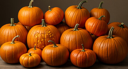Pile of pumpkins on a wooden table