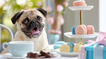 ティータイムを楽しむパグと色とりどりのスイーツ  マカロン
