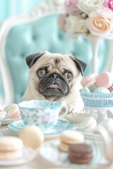 ティータイムを楽しむパグと色とりどりのスイーツ  マカロン
