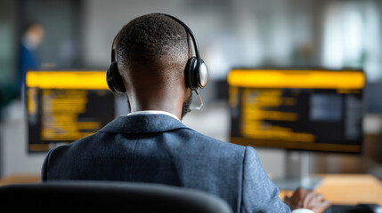 Man wearing a headset works on computer coding with multiple monitors displaying programming scripts in a modern office environment