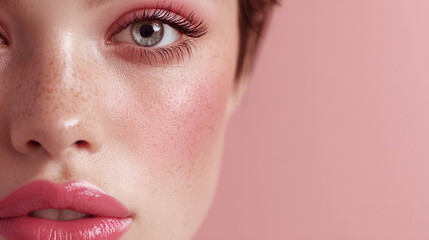 A close-up view of a woman's face, highlighting makeup on the eye and lip. The woman's eye is captivating, and her lips are glossy. The image is set against a pink backdrop.