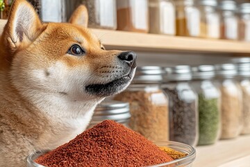 スパイスの香りを嗅ぐ柴犬の横顔
