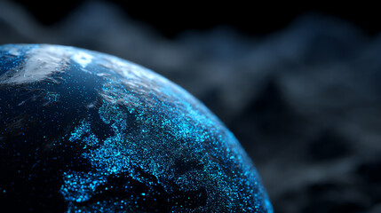 A digital globe highlighting Europe with glowing blue lights against a dark, blurred background, symbolizing connectivity and technological networks