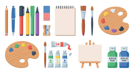 Artistic tools and supplies for drawing, painting, and creative expression, featuring palettes, brushes, paints, and sketchpads