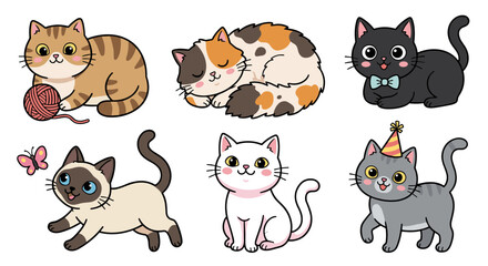 Collection of adorable and playful cartoon cats in various poses and colors