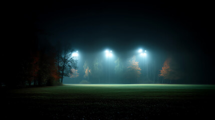 A foggy night scene of an empty sports field illuminated by bright floodlights, with autumn trees faintly visible in the background