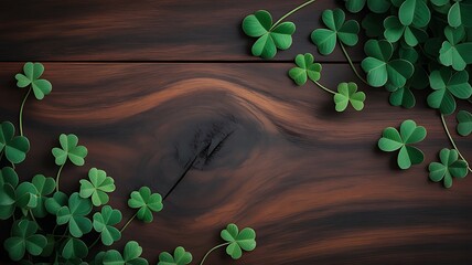 St patrick's day shamrocks on wooden background green leaves and lucky clovers