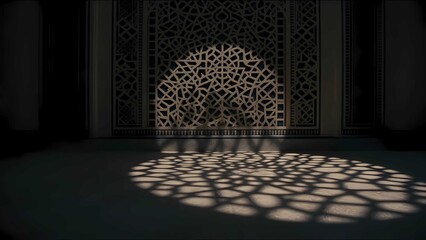 Intricate Islamic Geometric Pattern with Dramatic Sunlight and Shadows on Floor