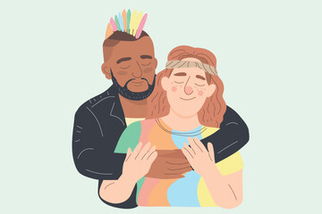 therapy session, diversity love support concept, punk man hugging hippie man from behind, valentine invitation card, vector cartoon