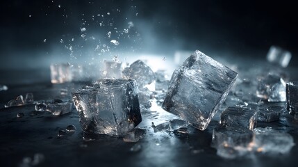 Textured Ice Cubes on a Wet Surface with Dramatic Sprays and Light