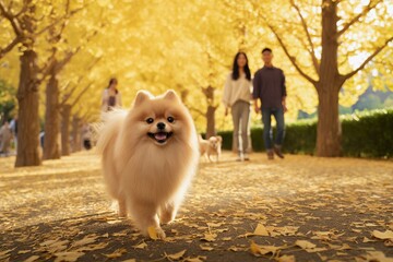 黄葉の並木道を駆けるポメラニアンとカップル
