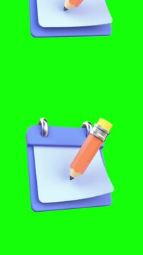 Notebook diary blank page and pencil on green screen.