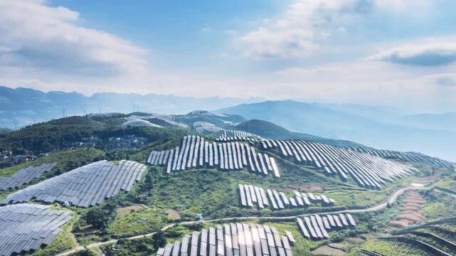Aerial time-lapse of a solar power station on mountain slopes, showcasing rows of photovoltaic panels under a dynamic sky, blending renewable energy with natural landscapes.