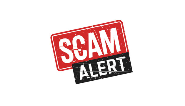 A scam alert stamp on a white background warning of potential fraud