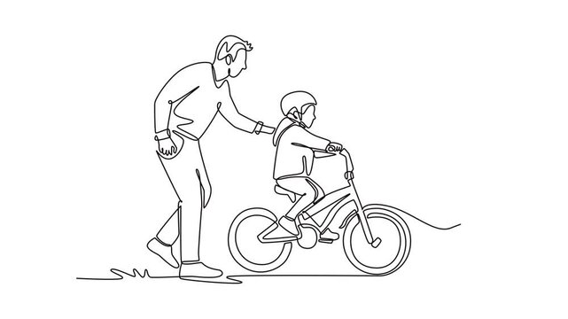 Animated self drawing of continuous line draw father helping daughter child on a bicycle. Fluid interaction, shared focus between parent and child during summer lesson. Full length one line animation