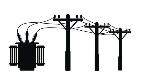 A black silhouette of power lines and a transformer on a white background