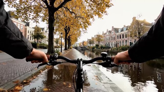 Bicycling on a wet path in autumn fall season first person point of view