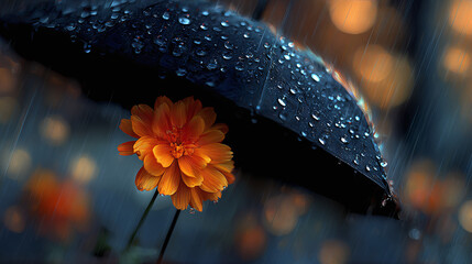 A vibrant orange flower sheltered by a dark umbrella on a rainy day