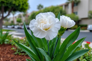Obraz premium White carnation flowers blooming in urban garden