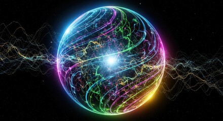 Obraz premium Close up Bright colorful crystal ball with flowing particles in the space