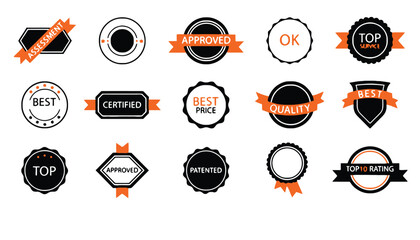 A collection of black and orange quality assurance labels and badges