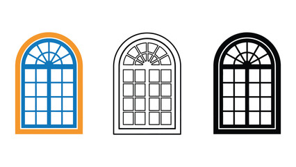 Set of three arched windows: colorful, outline, and silhouette designs for architecture and design