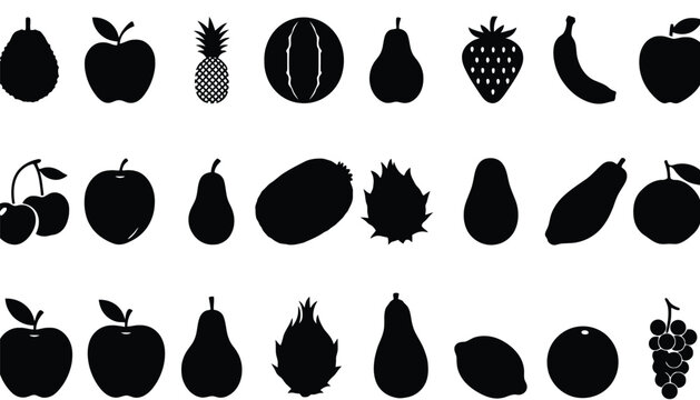 A collection of black silhouettes of various fruits on a white background
