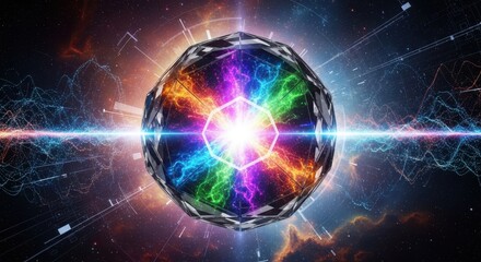 Obraz premium Close up Bright colorful crystal ball with flowing particles in the space