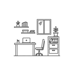 Obraz premium Minimalist Home Office Workspace with Desk Chair and Shelves