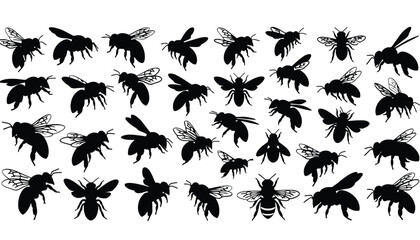 A collection of black bee silhouettes on a white background