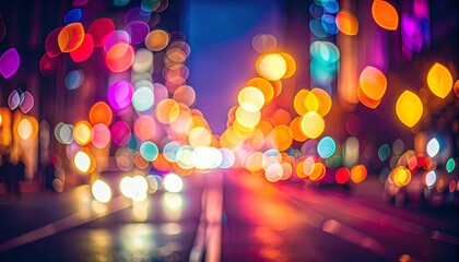 Vibrant city street at night with colorful bokeh lights.