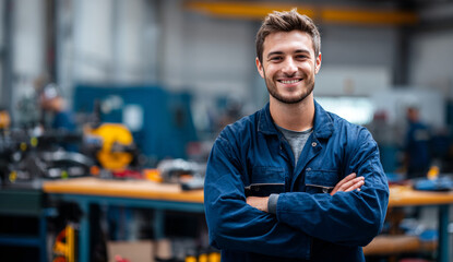 Smiling young man with light brown hair and a beard, wearing a blue work jacket, standing confidently in a workshop environment with tools and equipment in the background