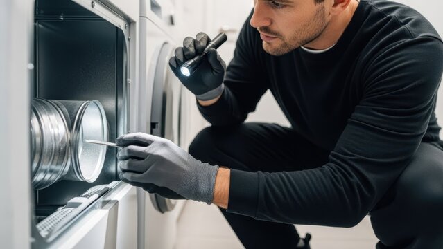 Technician inspecting dryer ventilation system with flashlight and tool