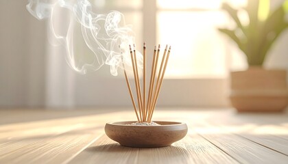 Serene burning incense sticks releasing aromatic smoke in a tranquil room, creating a peaceful atmosphere