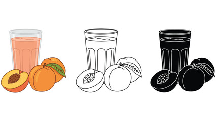 Refreshing peach juice with fresh fruit slices and whole peaches, presented in colorful, outline, and silhouette styles.