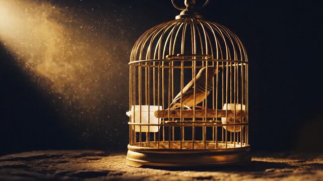 Bird inside decorative cage concept of confinement freedom and pet ownership