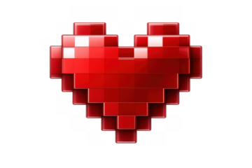 Red pixel heart icon forming with 3d glossy blocks, symbolizing love, life, and gaming on transparent background