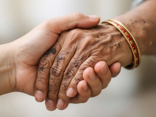 Intimate close-up of two hands holding, highlighting skin texture, age contrast, and emotional warmth. A timeless symbol of love, care, and human connection.