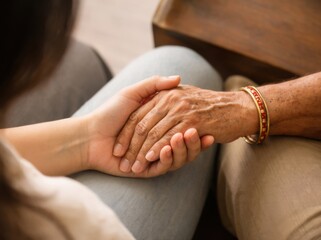 Close-up over-the-lap view of two hands gently holding each other, showing emotional connection, intimacy, and support without faces. Authentic moment of love and human bonding.