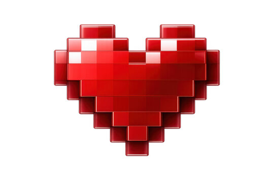 Red pixel heart icon forming with 3d glossy blocks, symbolizing love, life, and gaming on transparent background