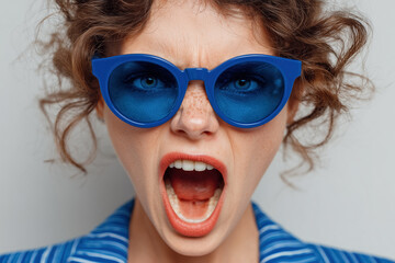 Young woman with curly hair and blue sunglasses expressing excitement