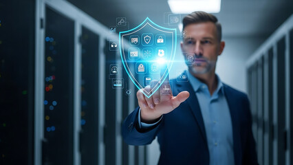Man in Suit Interacting with Futuristic Digital Security Shield Interface in Server Room cybersecurity isolated on a transparent background