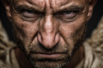 Intense elderly man with piercing gaze and rugged facial features