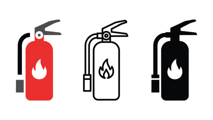 Set of three fire extinguisher icons in red, outline, and black, symbolizing safety and emergency preparedness.