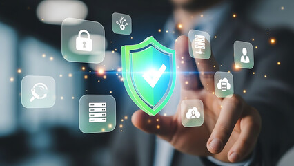 Close-up of Hand Touching Glowing Digital Security Shield with Data Icons cybersecurity data protection isolated on a transparent background